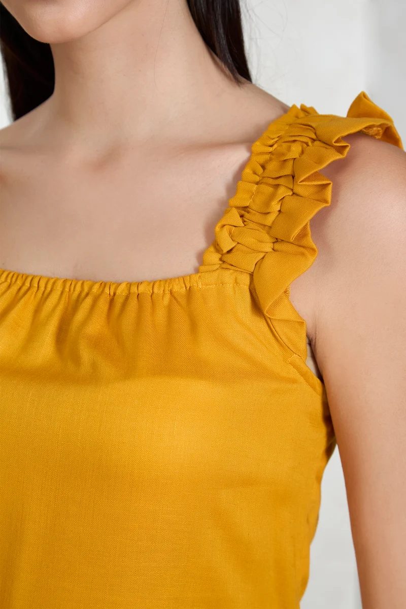 Xiti|100% Lyocell Yellow Mini Dress With Frills