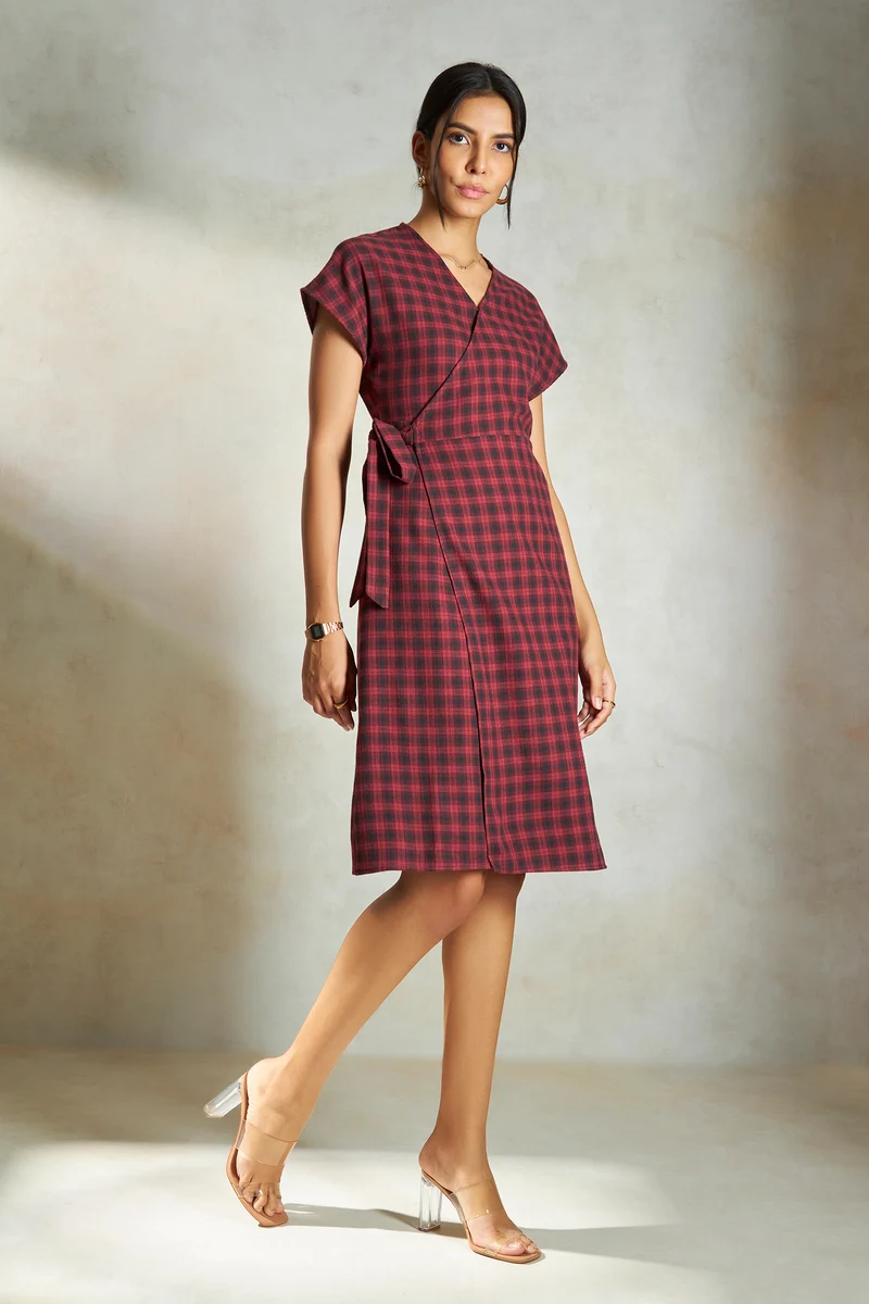 Amira|100% Cotton Red Checked Wrap Midi Dress