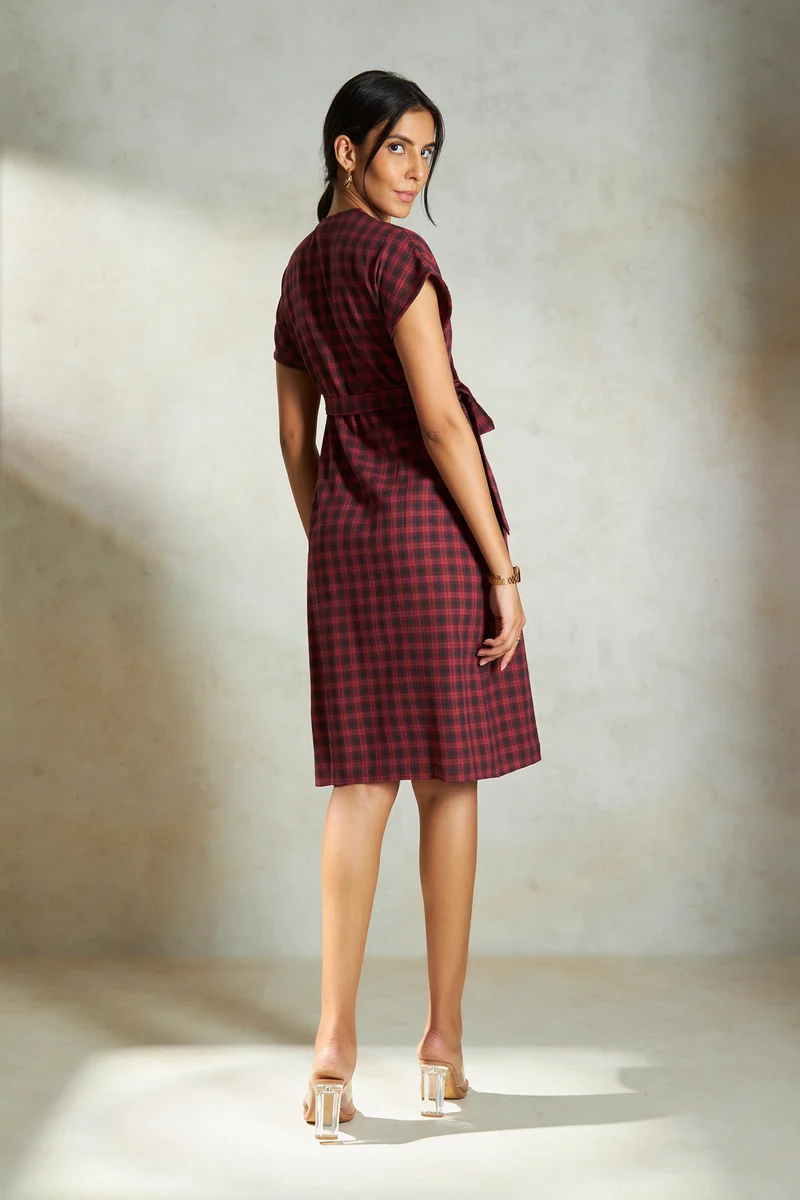 Amira|100% Cotton Red Checked Wrap Midi Dress