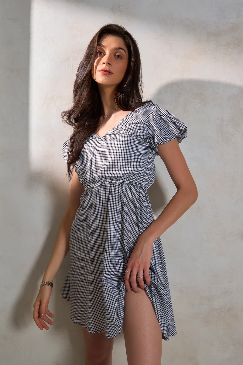 Abiha|Cotton Soft Gingham Back Bow-Tie Dress