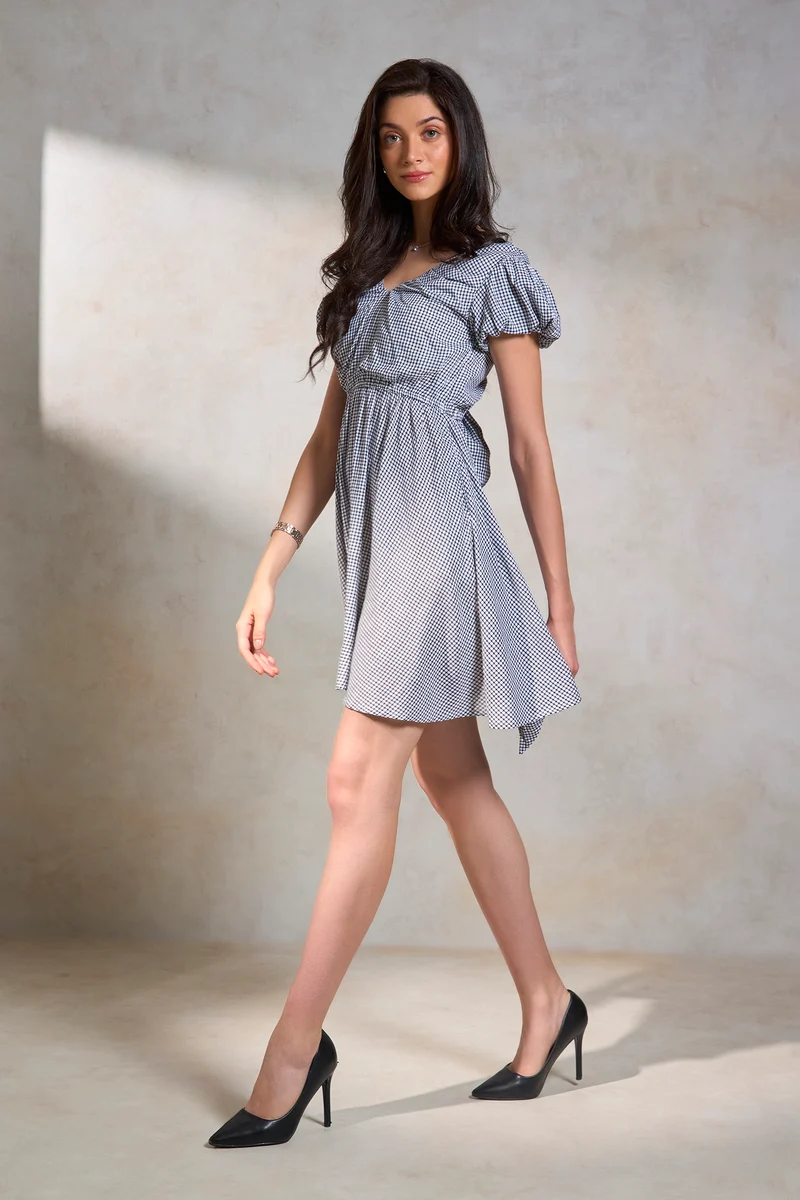 Abiha|Cotton Soft Gingham Back Bow-Tie Dress