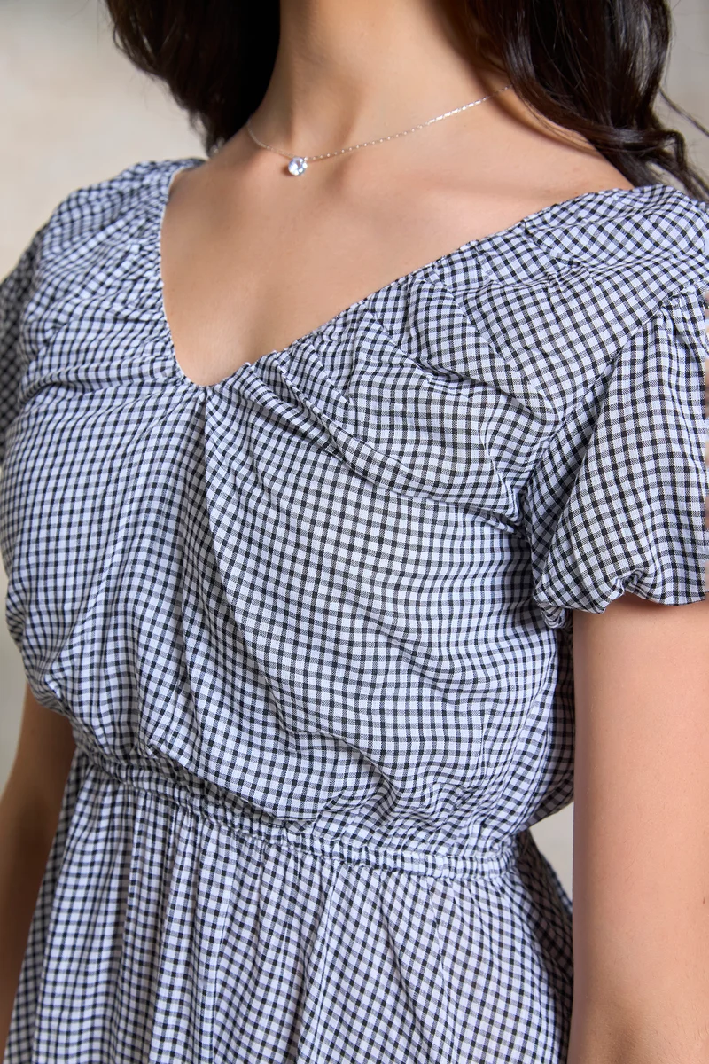Abiha|Cotton Soft Gingham Back Bow-Tie Dress