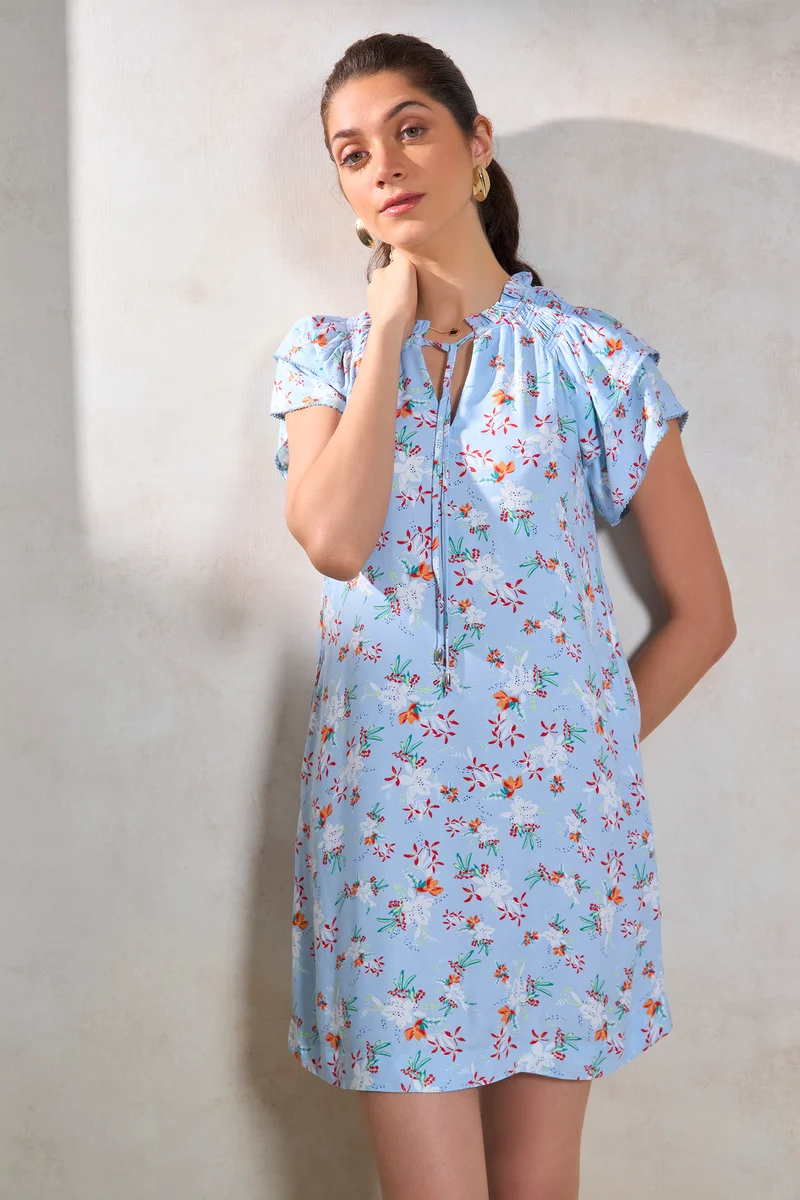 Anaya|100% Viscose Floral Sky Batwing Shift Dress