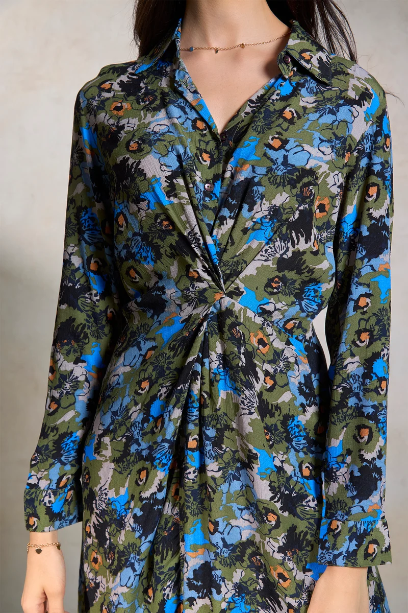Hana|100% Viscose Draped Shirt Dress
