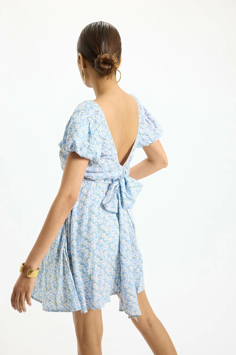 Avani|100% Viscose Blue Ditsy Floral Mini Dress