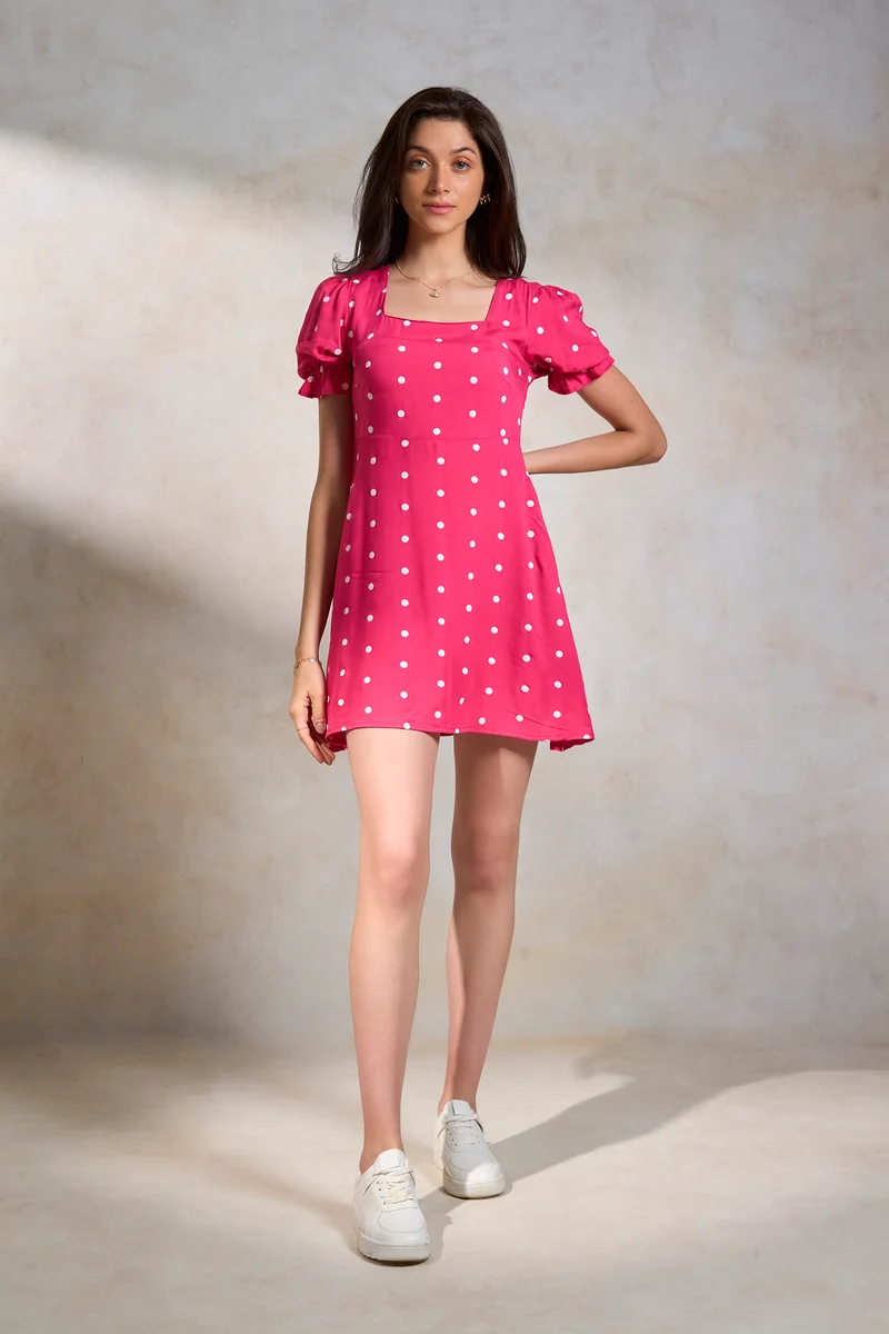 Amlan|100% Viscose Pink Polka Puff Sleeve Dress
