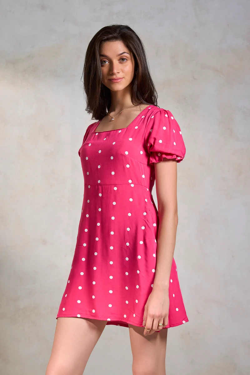 Amlan|100% Viscose Pink Polka Puff Sleeve Dress
