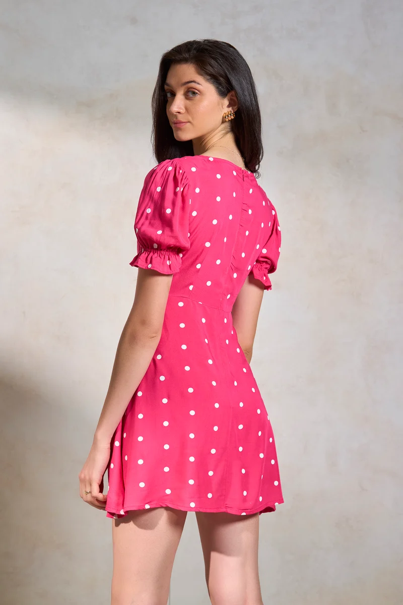 Amlan|100% Viscose Pink Polka Puff Sleeve Dress