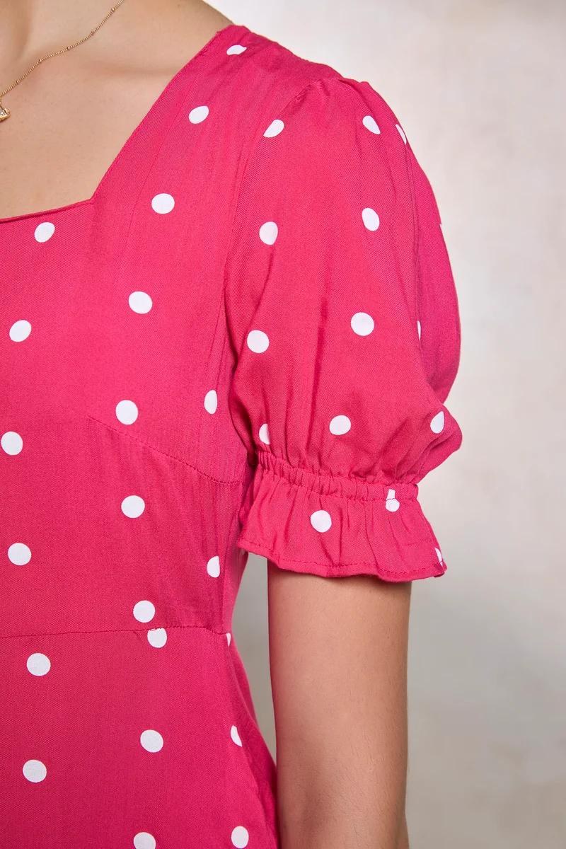 Amlan|100% Viscose Pink Polka Puff Sleeve Dress