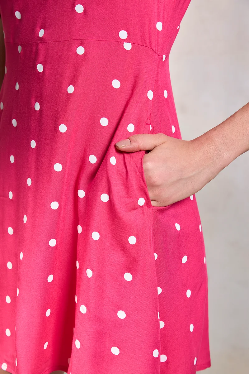 Amlan|100% Viscose Pink Polka Puff Sleeve Dress
