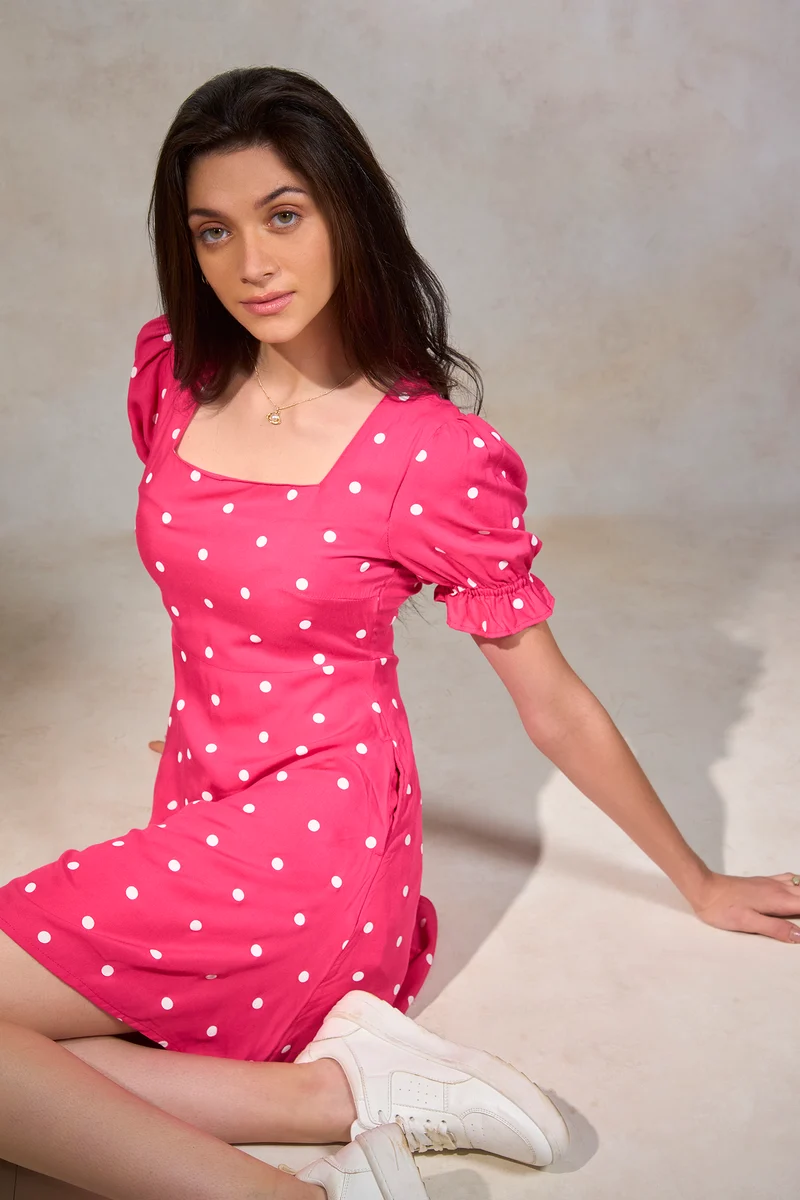 Amlan|100% Viscose Pink Polka Puff Sleeve Dress