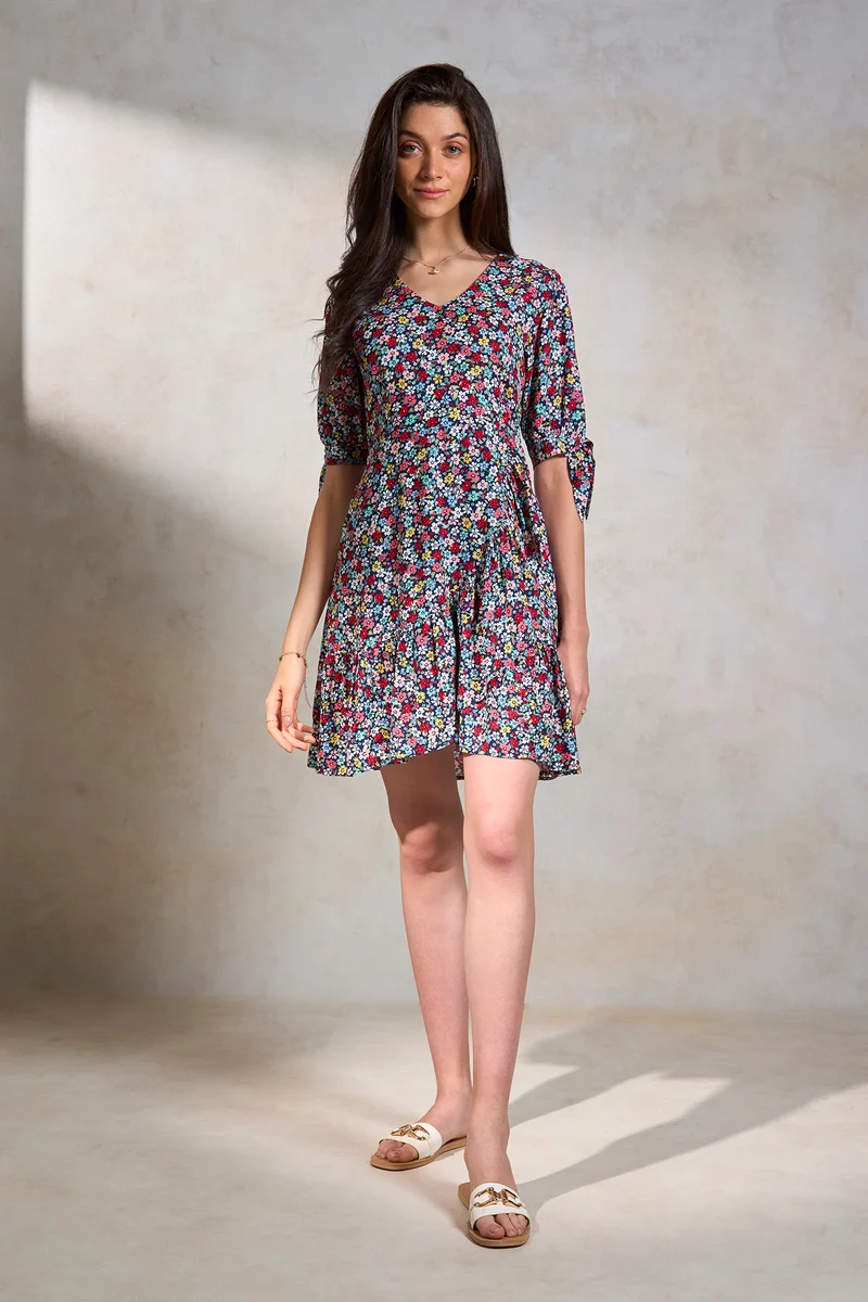 Alaya|100% Viscose Black Floral Frill A-Line Dress
