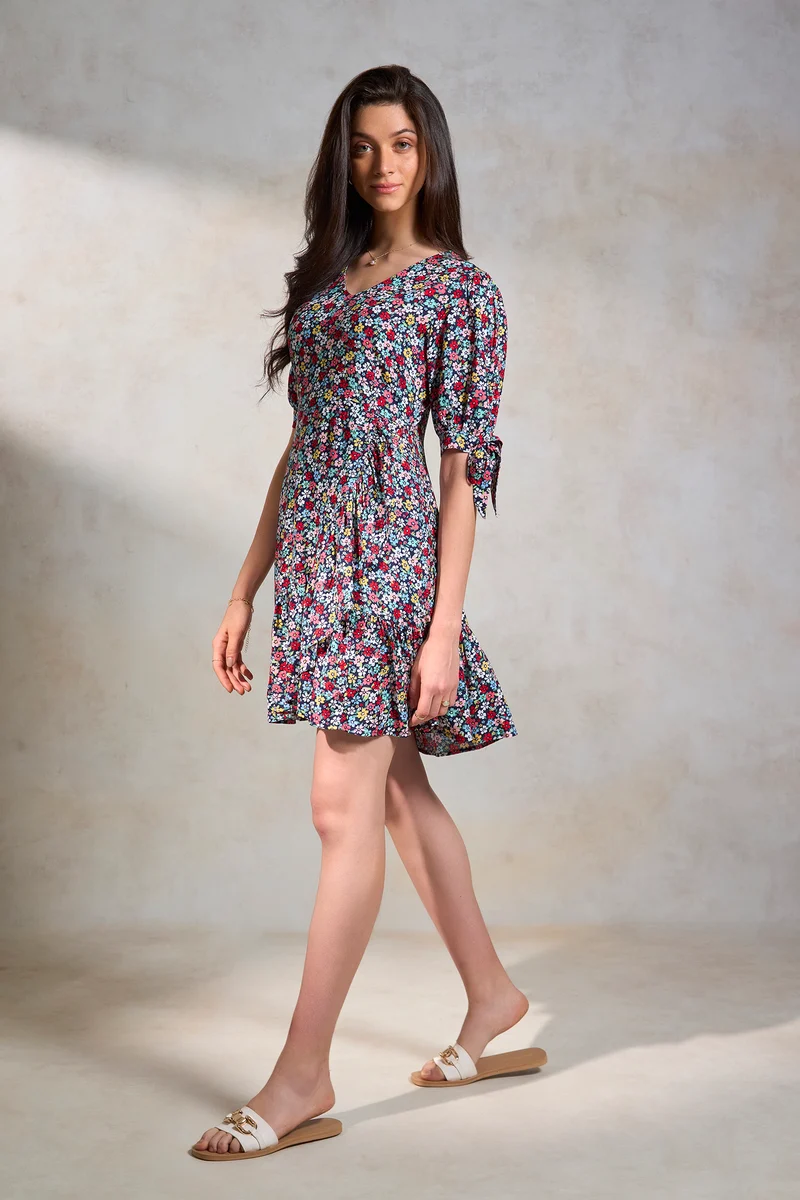 Alaya|100% Viscose Black Floral Frill A-Line Dress
