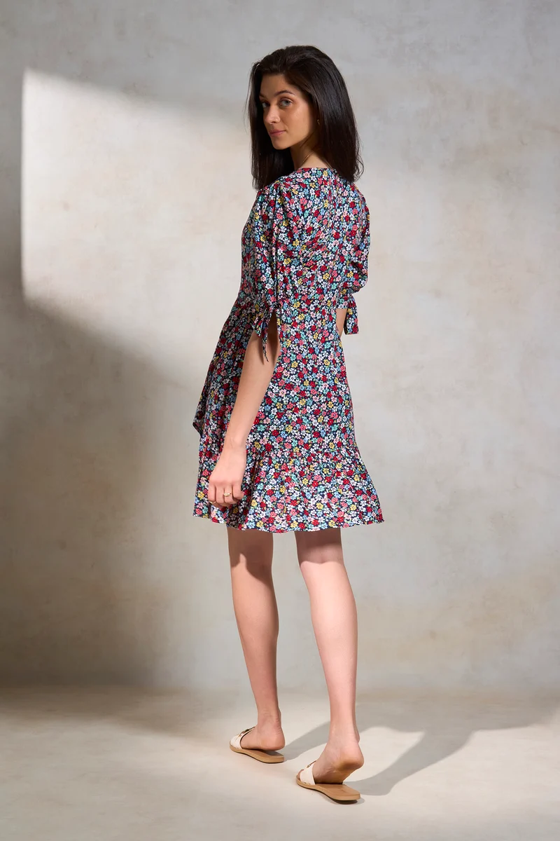 Alaya|100% Viscose Black Floral Frill A-Line Dress