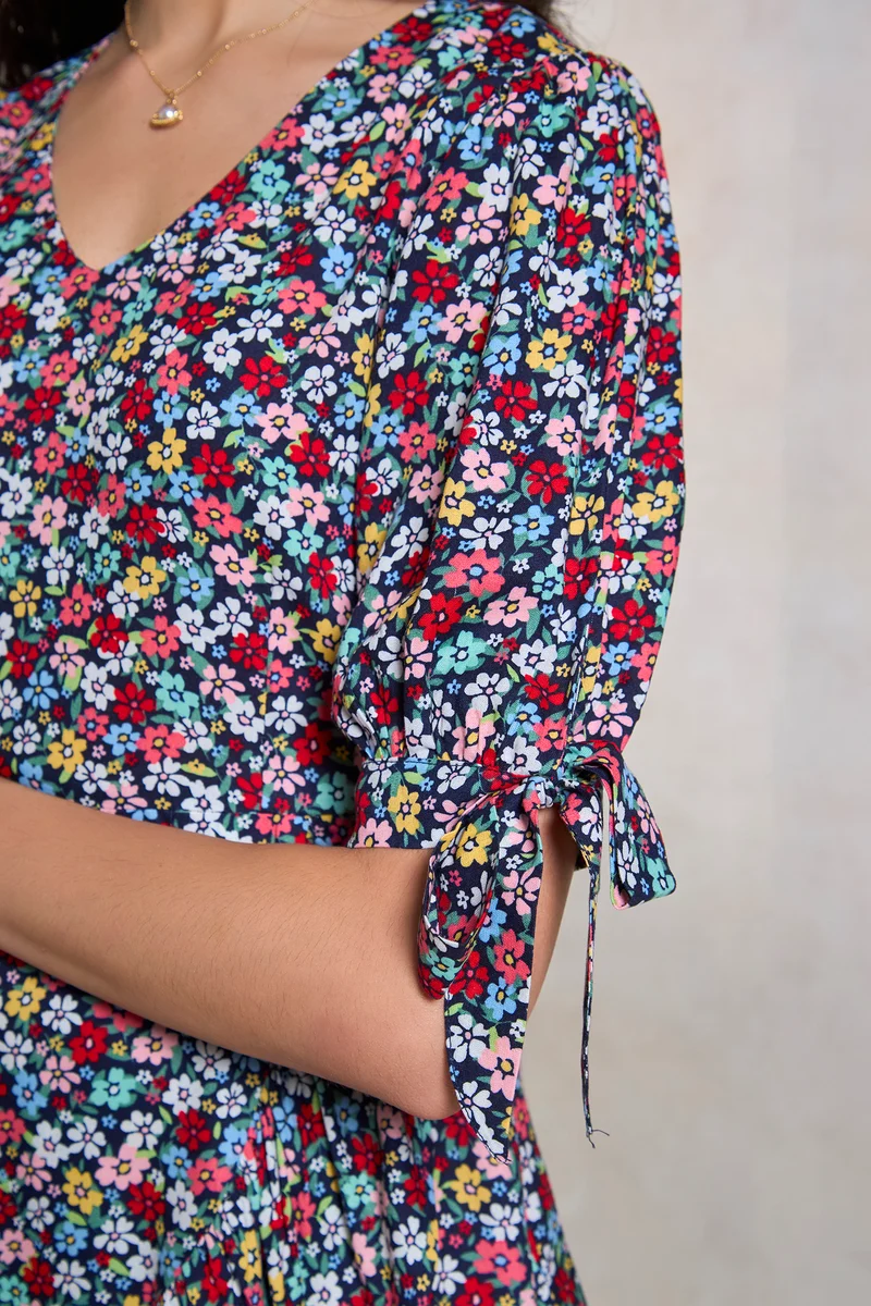 Alaya|100% Viscose Black Floral Frill A-Line Dress