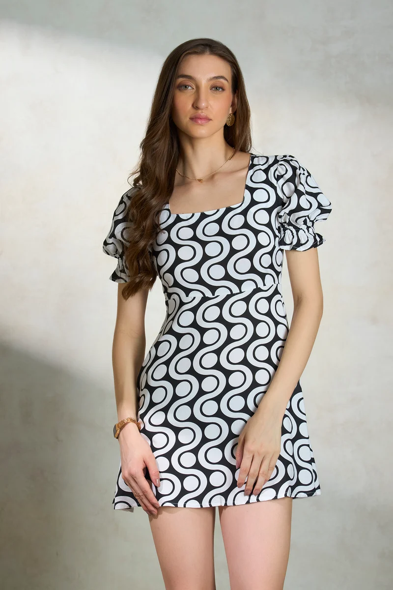 Zoe|100% Viscose Puff Sleeve Printed Dress