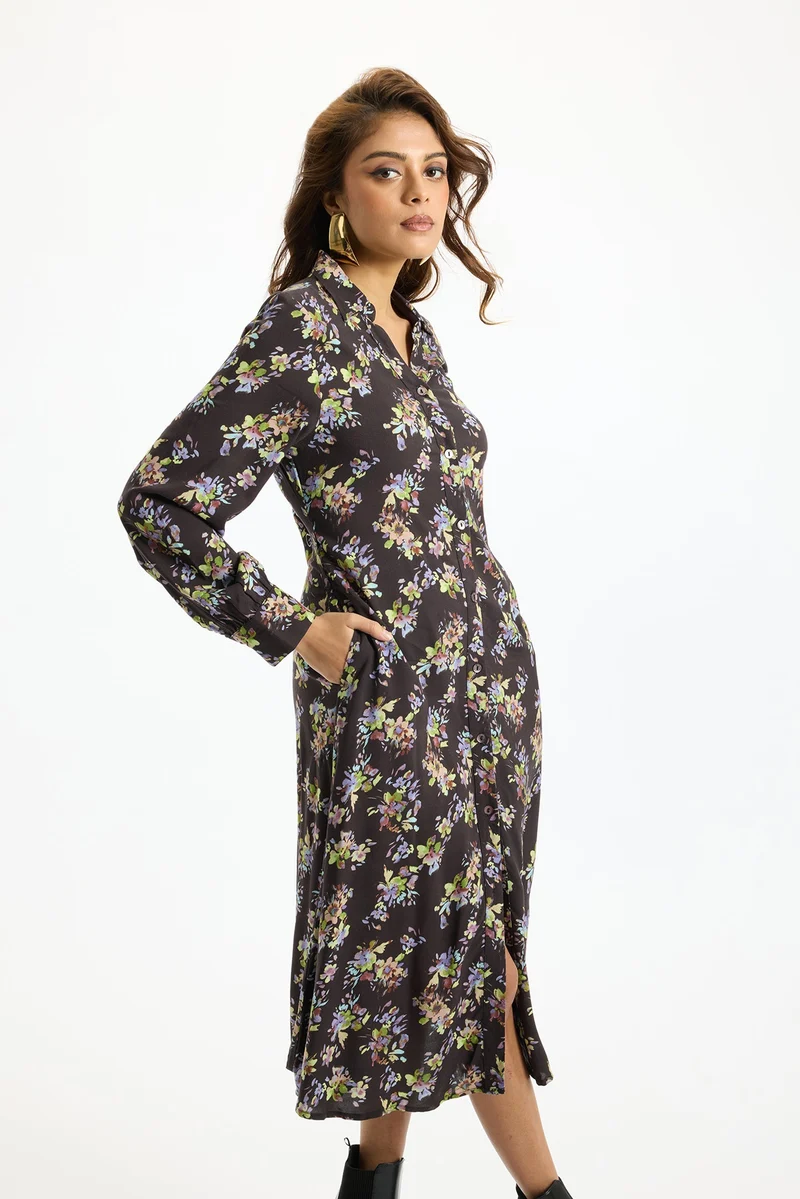 Veera|100% Viscose Floral Print Shirt Midi Dress