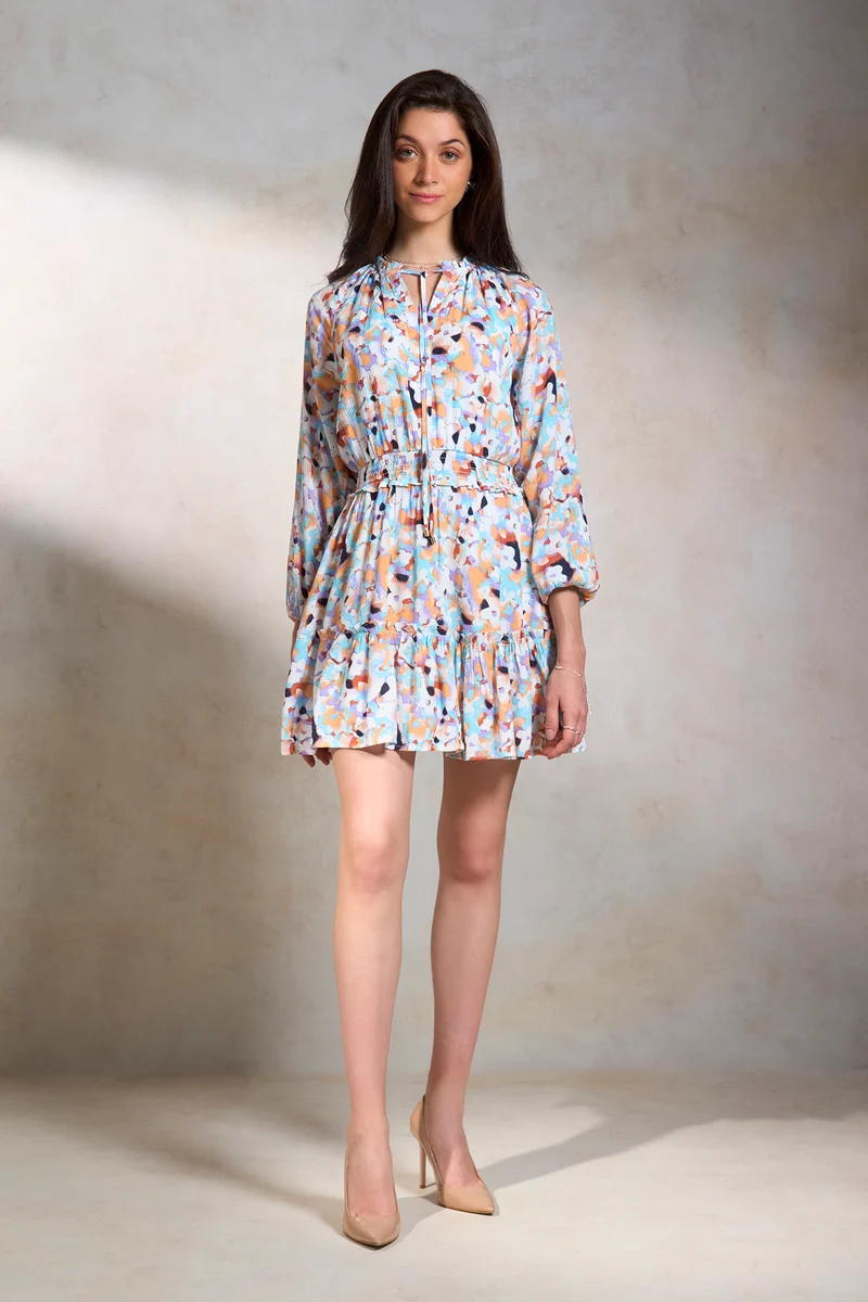Arya|100% Viscose Smocked Mini Printed Dress