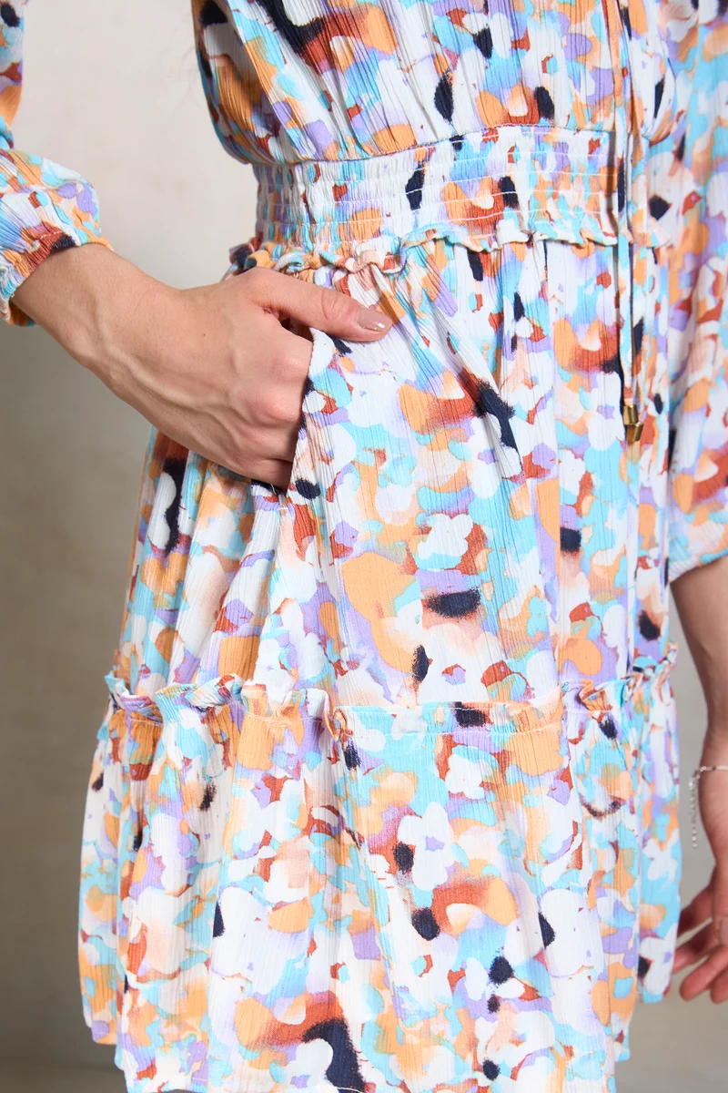 Arya|100% Viscose Smocked Mini Printed Dress
