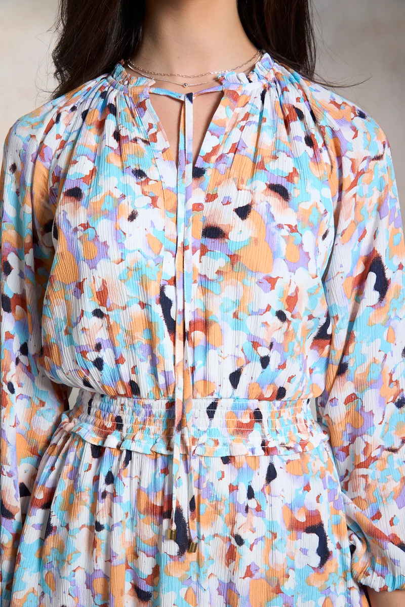 Arya|100% Viscose Smocked Mini Printed Dress