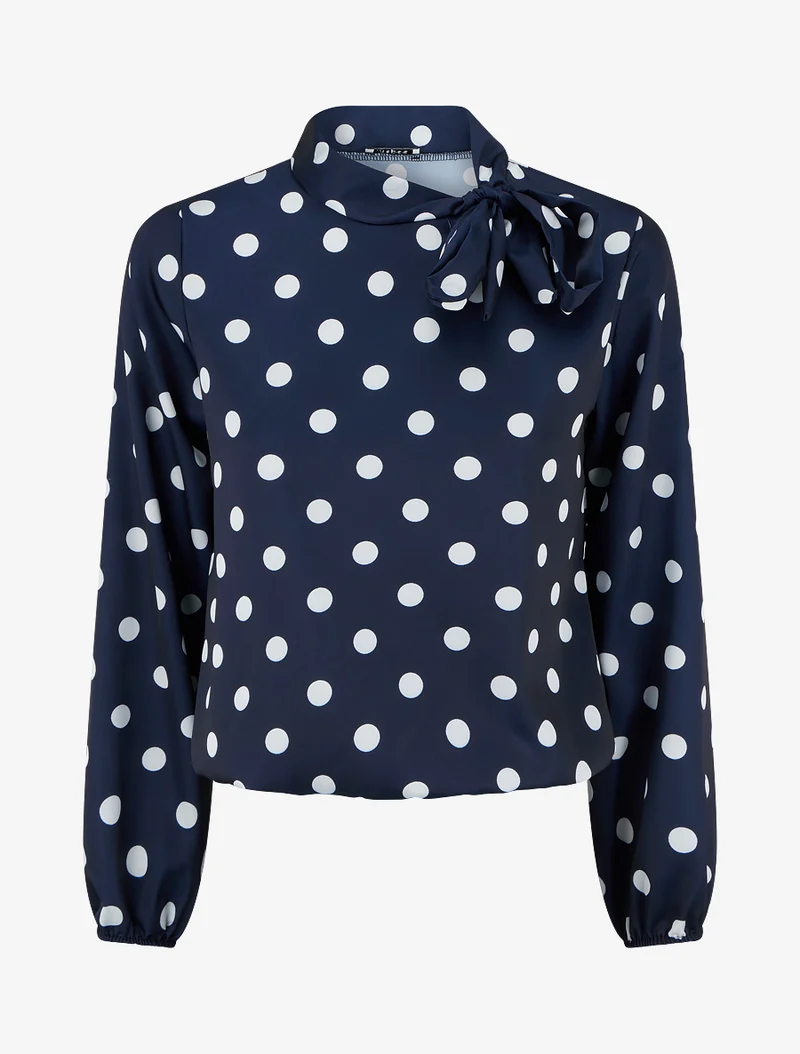 Top boule satiné à noeud et imprimé pois - Marine