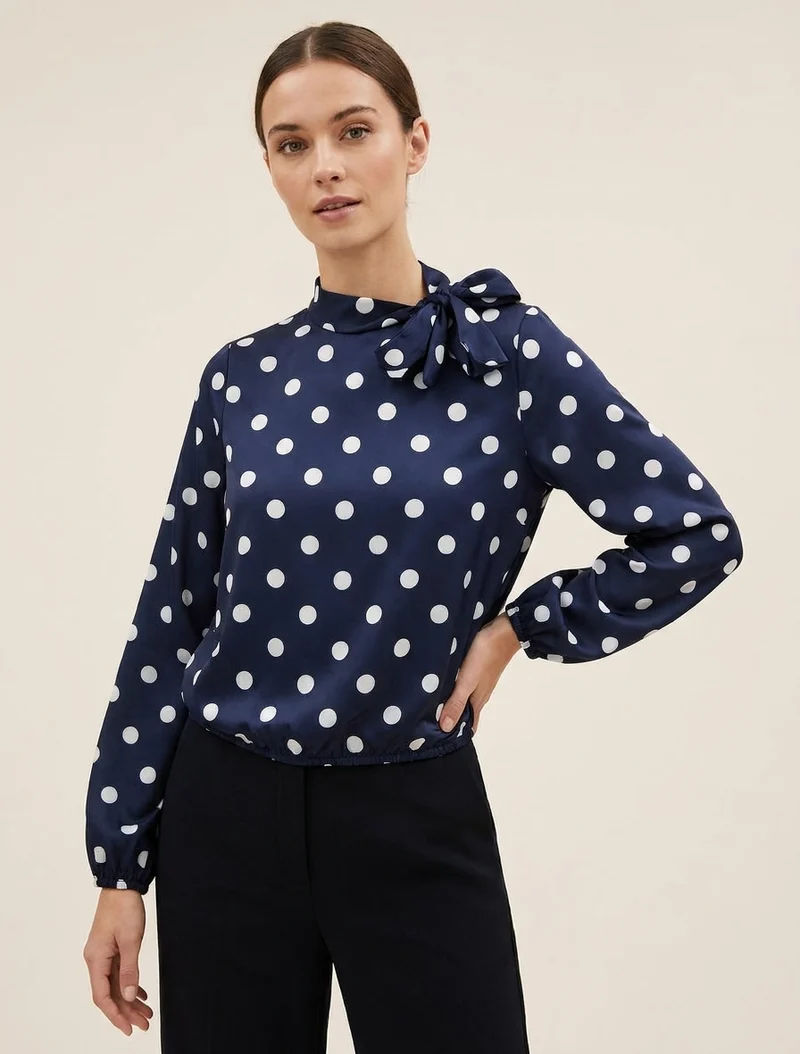 Top boule satiné à noeud et imprimé pois - Marine