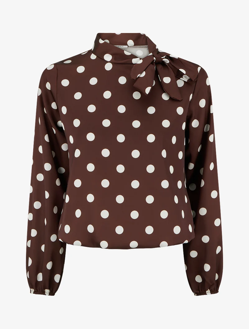 Top boule satiné à noeud et imprimé pois - Marron
