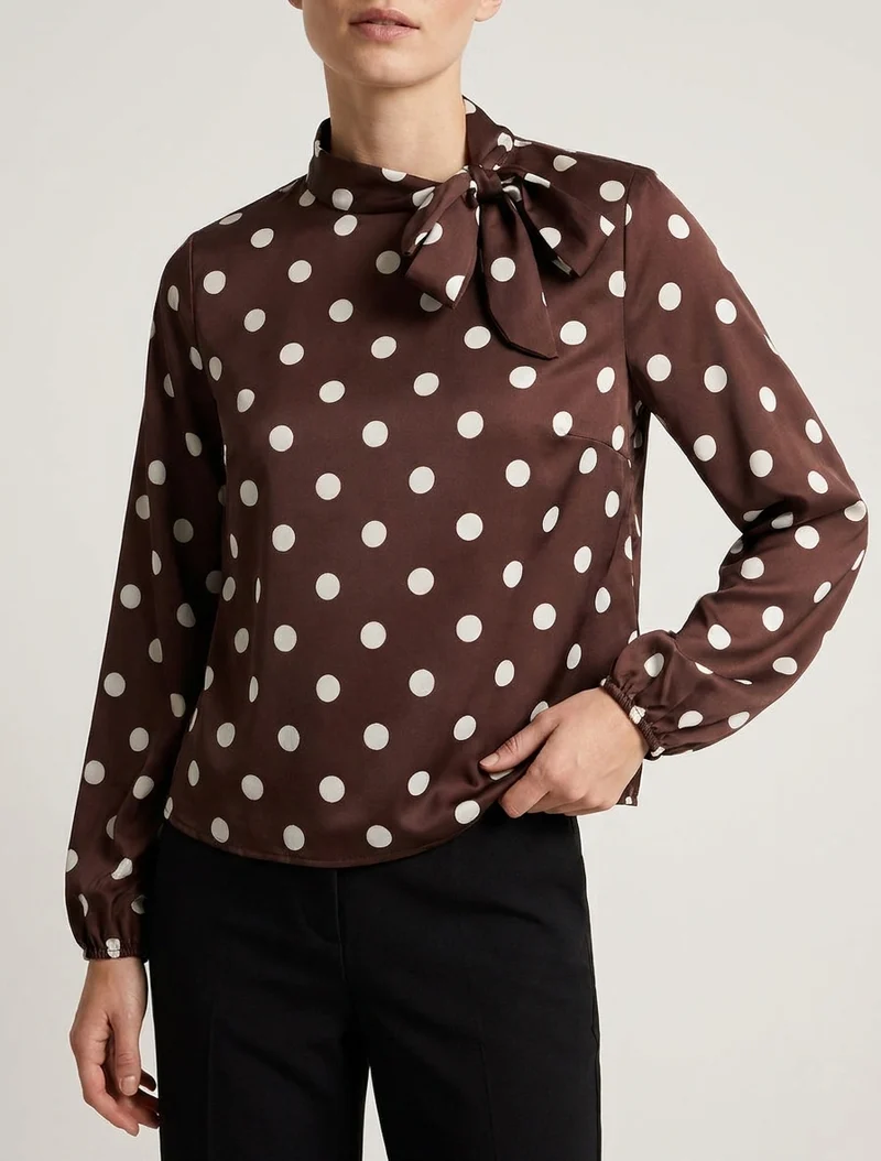 Top boule satiné à noeud et imprimé pois - Marron