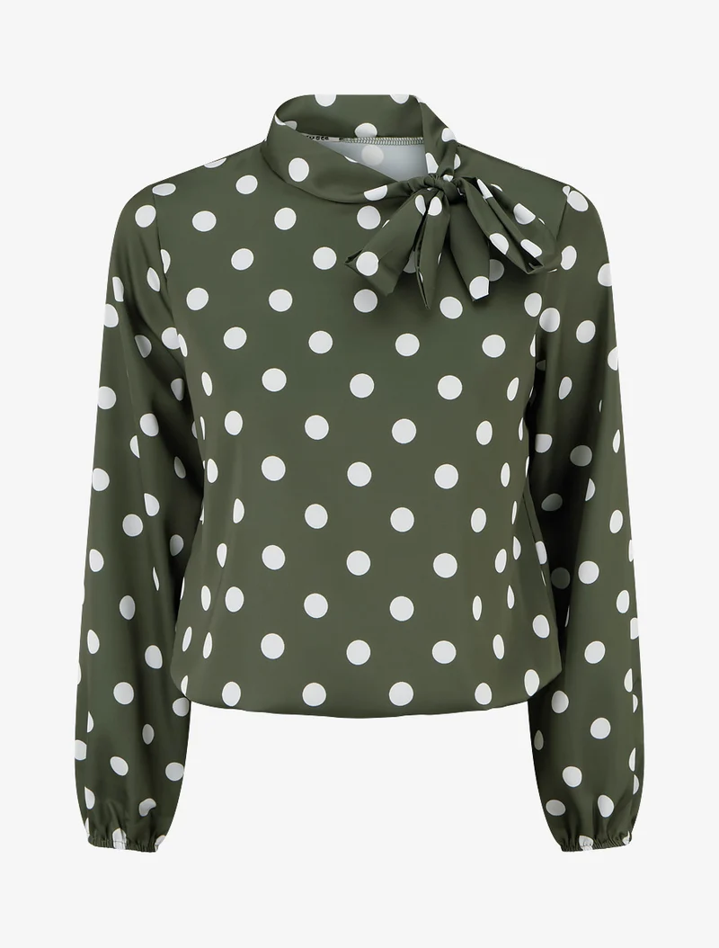 Top boule satiné à noeud et imprimé pois - Kaki