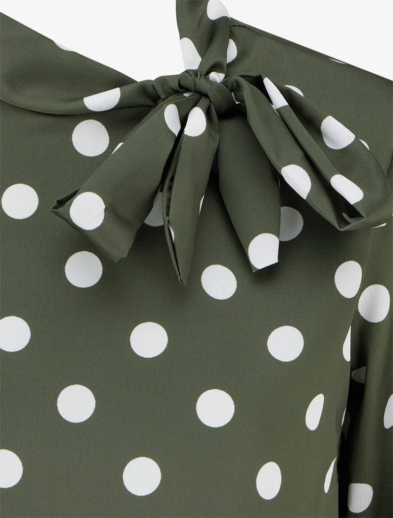 Top boule satiné à noeud et imprimé pois - Kaki