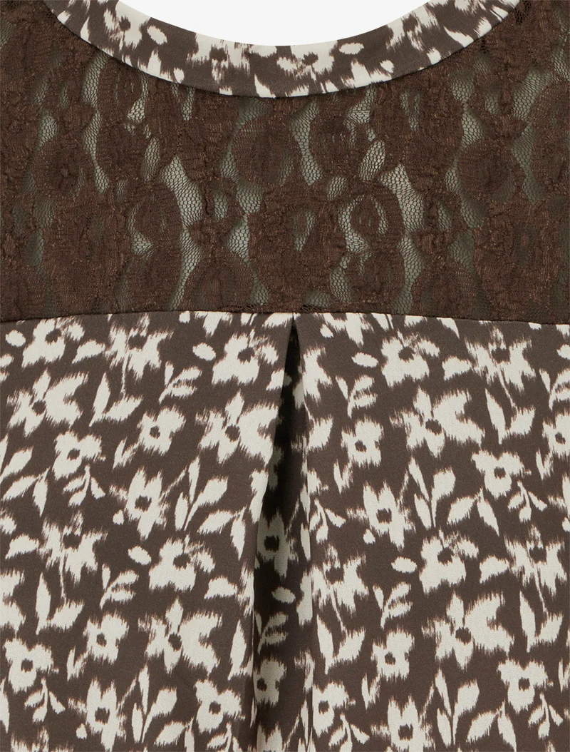 Top boule à col dentelle et imprimé fleuri abstrait - Marron