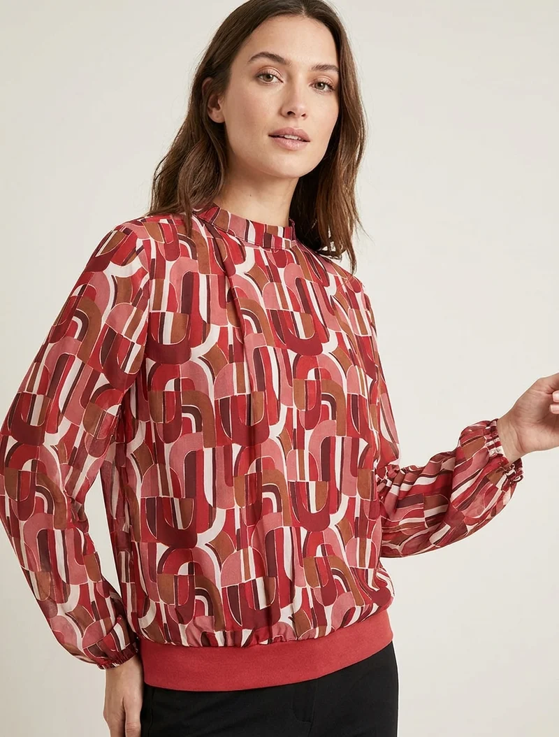 Blouse imprimé rétro à poignets élastiqués - Rouge