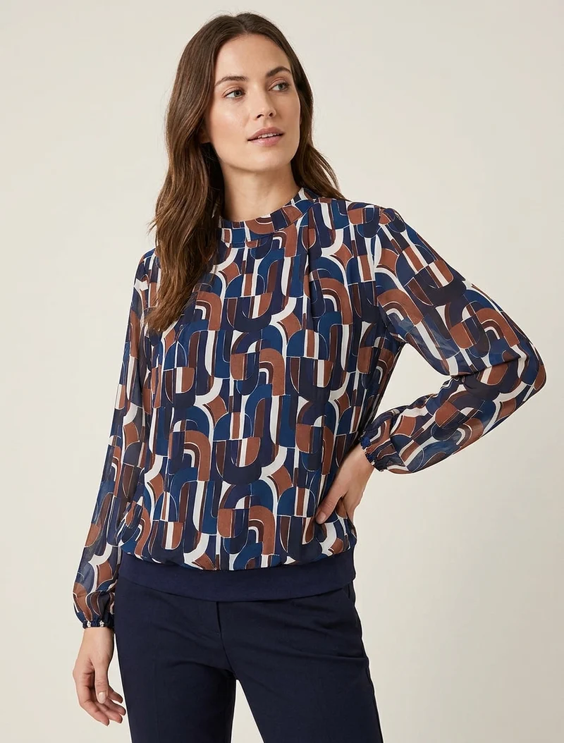 Blouse imprimé rétro à poignets élastiqués - Marine