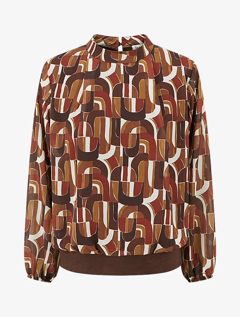 Blouse imprimé rétro à poignets élastiqués - Marron