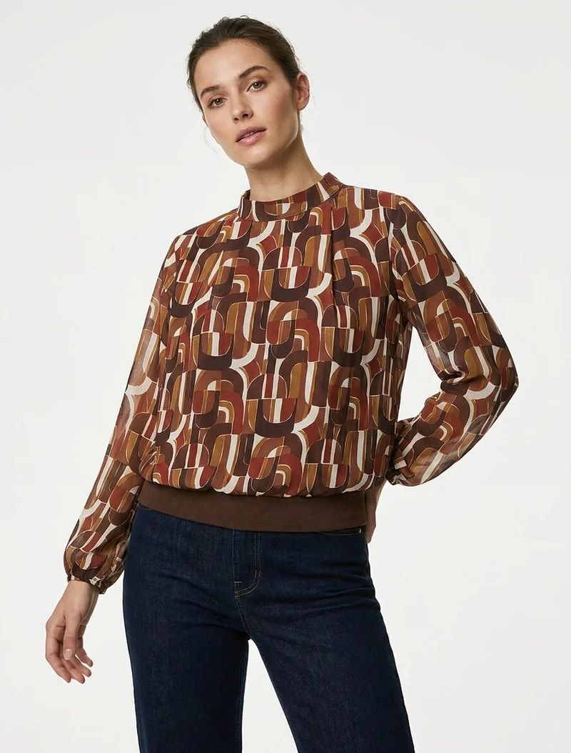 Blouse imprimé rétro à poignets élastiqués - Marron