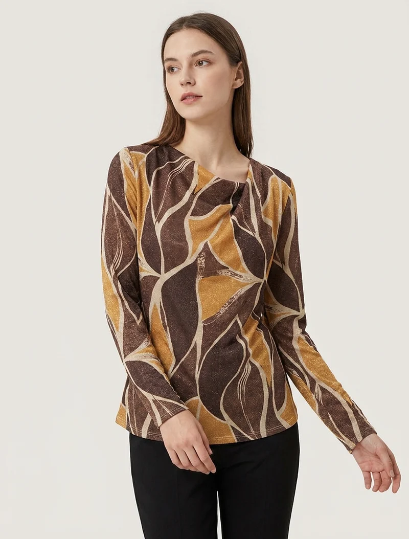 Top droit irisé imprimé feuilles abstraites - Marron