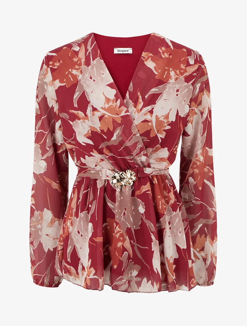 Top cache-coeur imprimé fleurs abstraites à bijou floral - Rouge