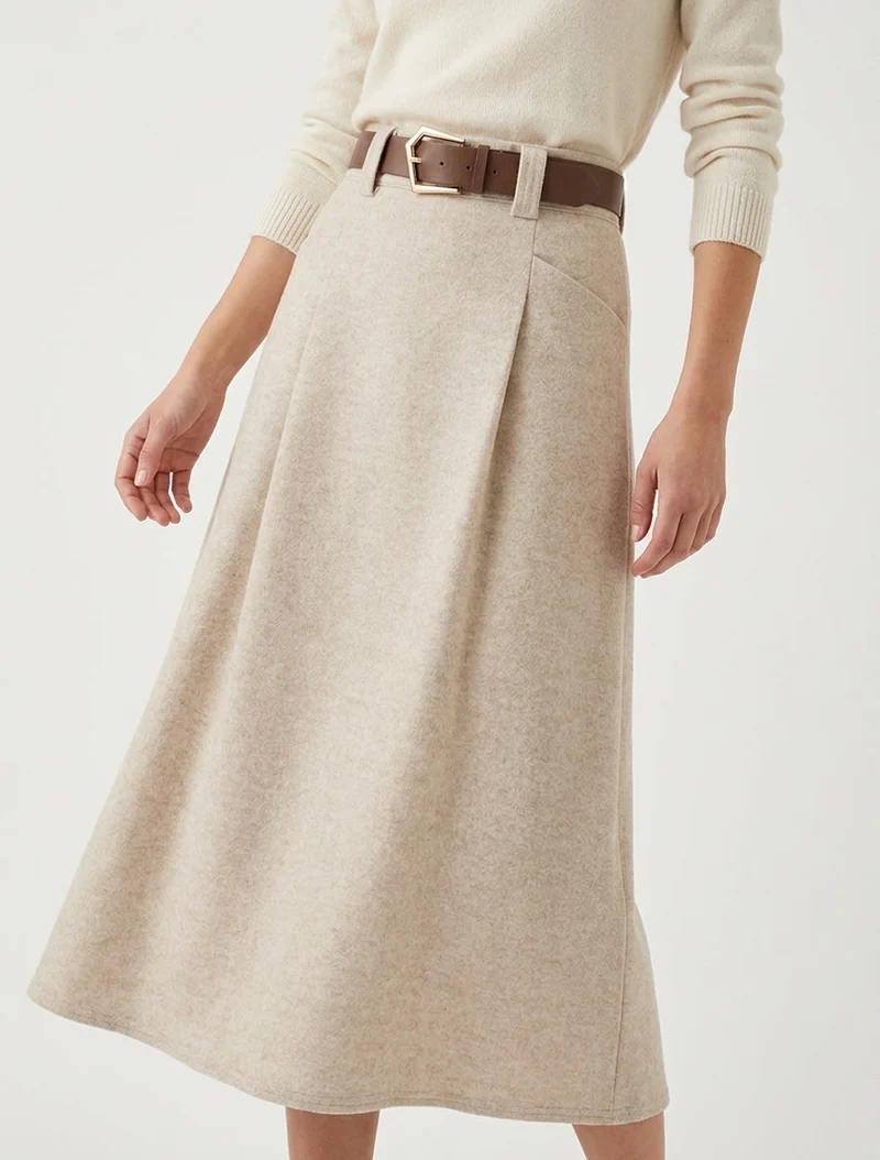 Jupe longue évasée en flanelle - Beige