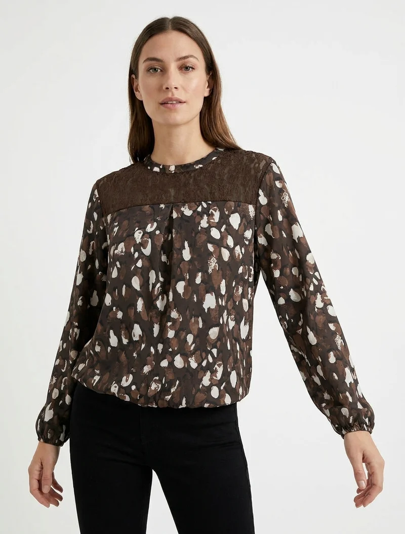 Top boule à col dentelle et imprimé fantaisie - Marron
