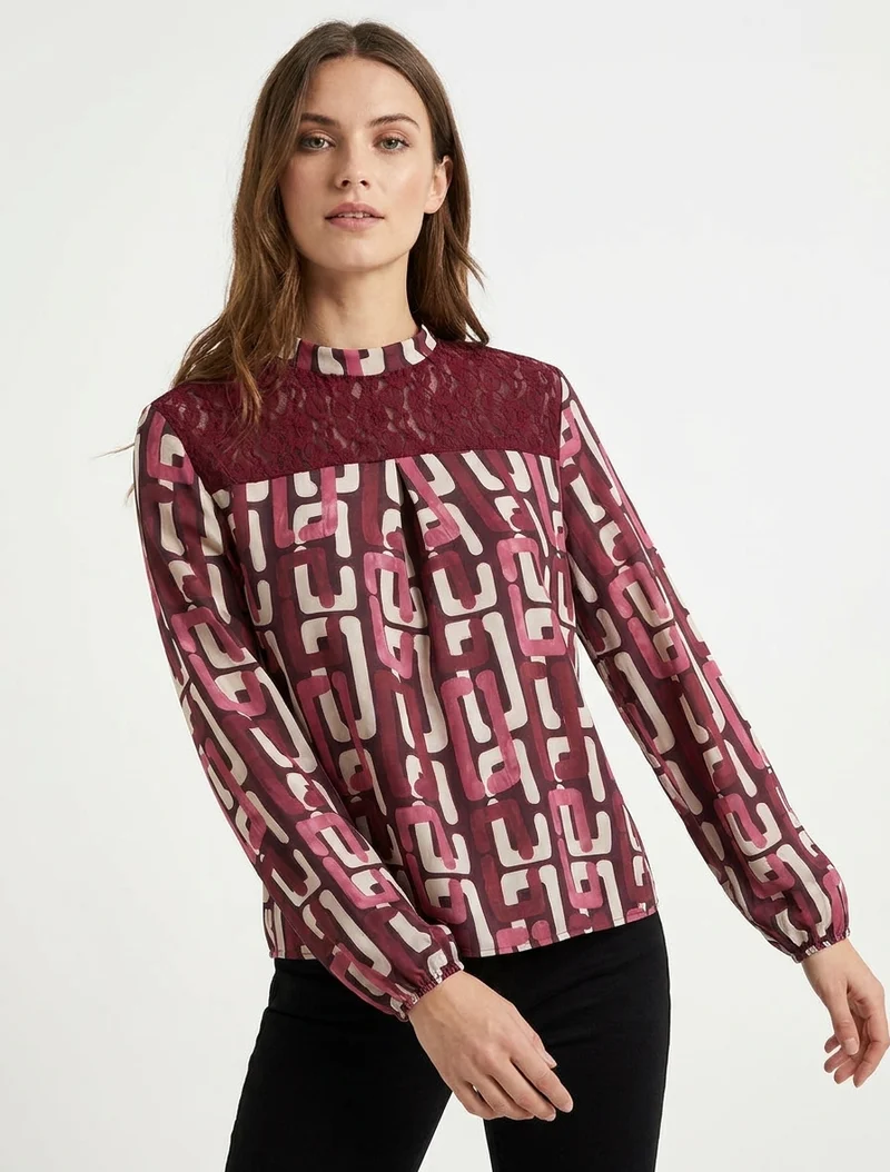 Top boule à col dentelle et imprimé graphique - Lie de vin