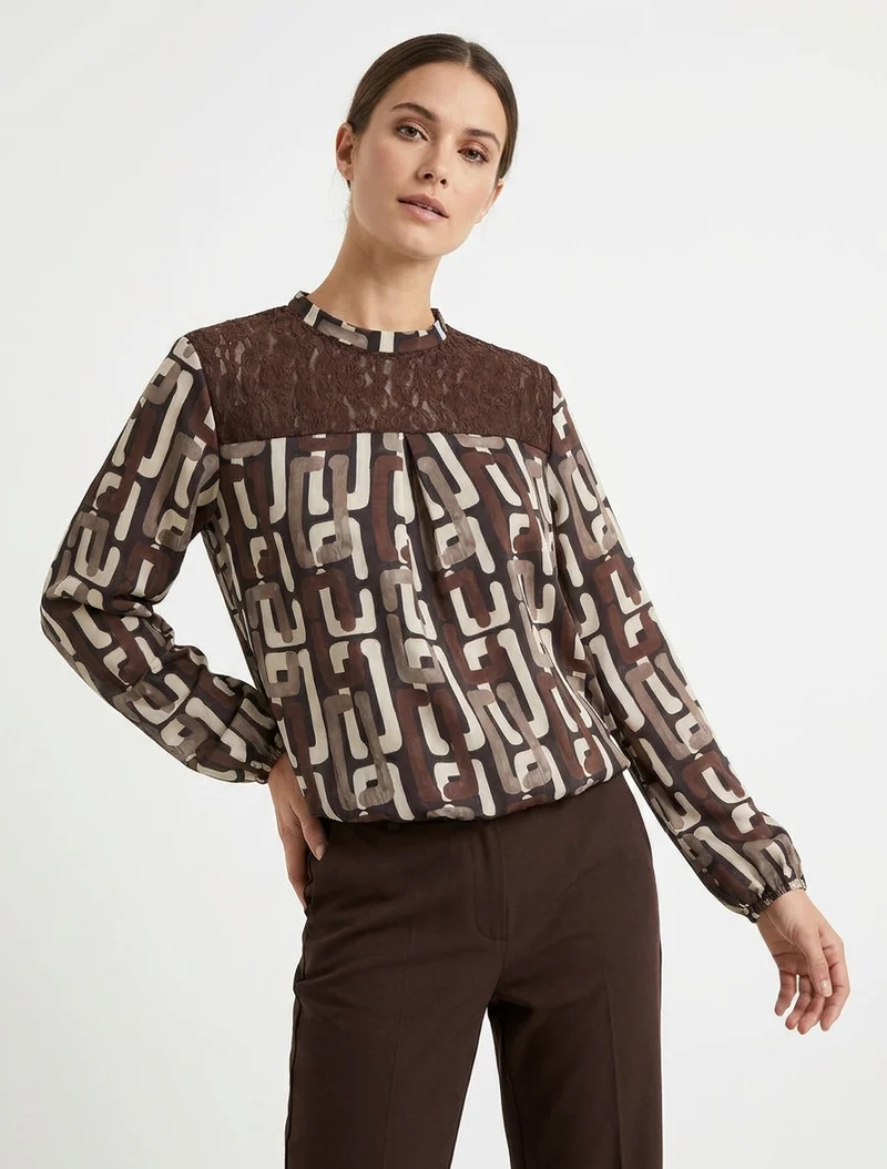 Top boule à col dentelle et imprimé graphique - Marron