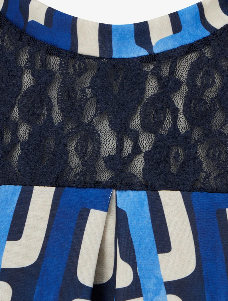 Top boule à col dentelle et imprimé graphique - Marine
