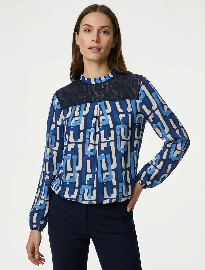 Top boule à col dentelle et imprimé graphique - Marine