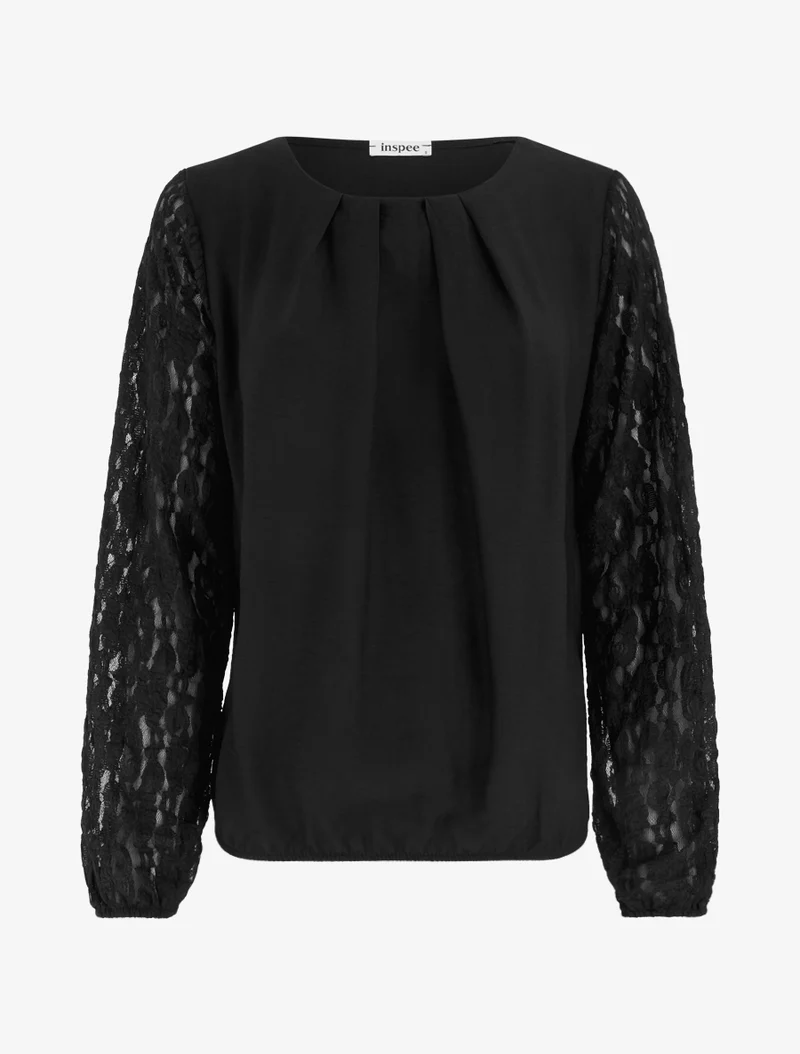Top boule uni à manches en dentelle - Noir