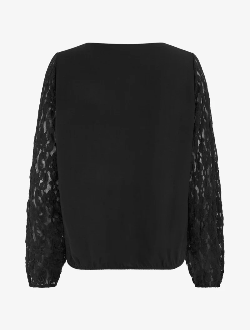 Top boule uni à manches en dentelle - Noir