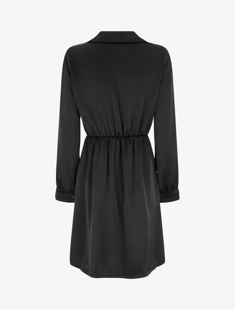 Robe portefeuille satinée à manches longues et bijou - Noir