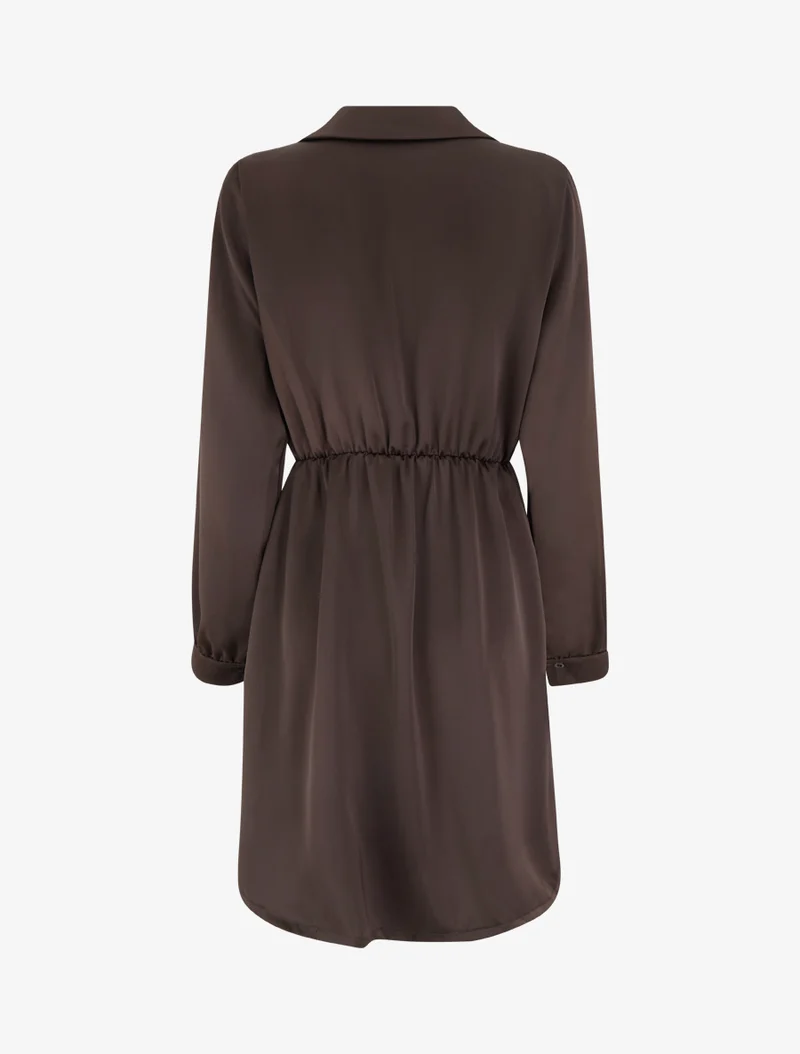 Robe portefeuille satinée à manches longues et bijou - Marron