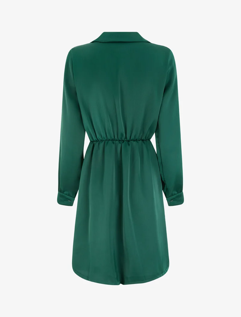 Robe portefeuille satinée à manches longues et bijou - Vert émeraude