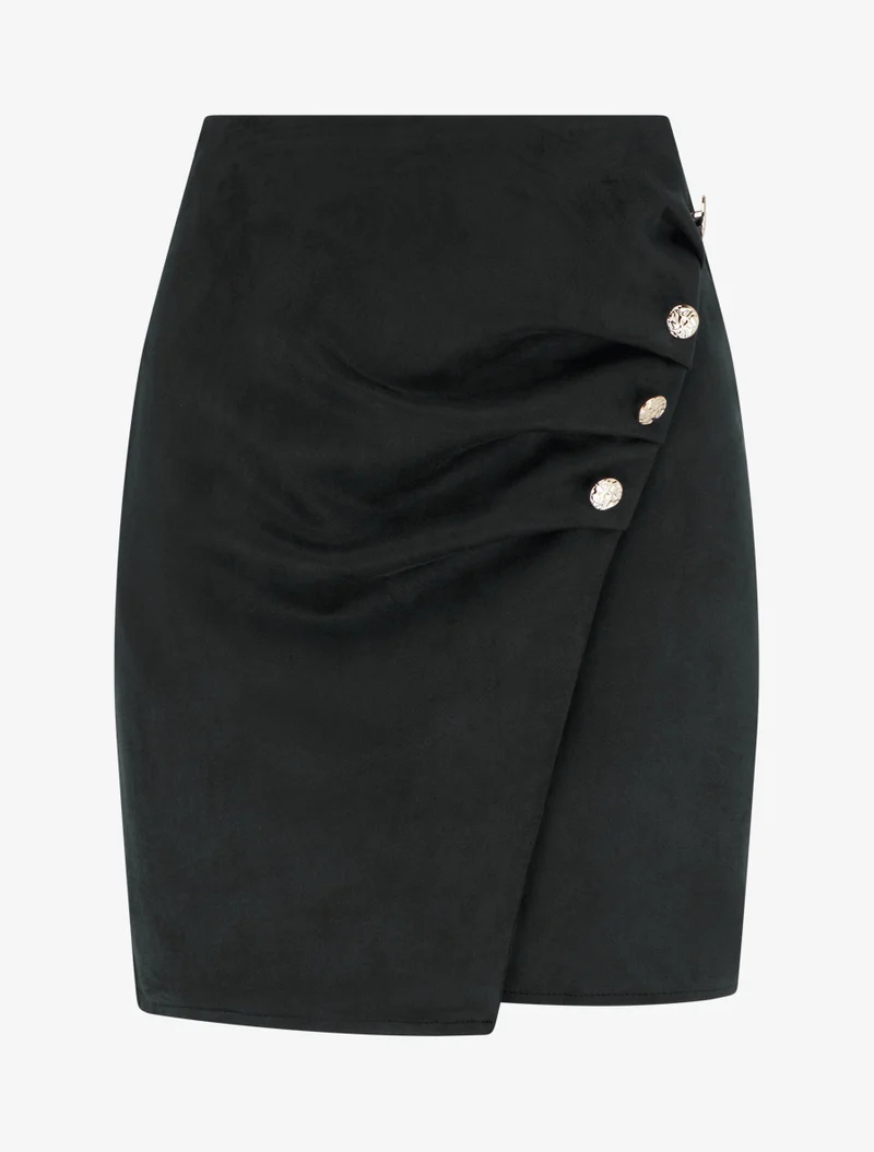 Jupe style portefeuille en suédine à boutons - Noir