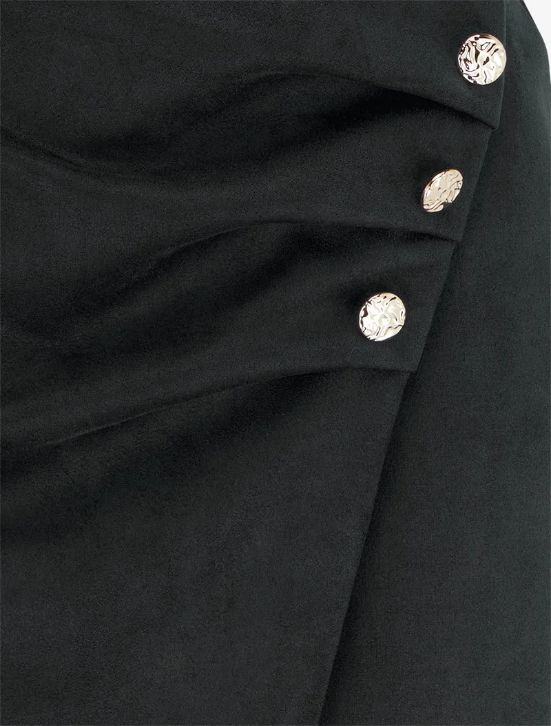 Jupe style portefeuille en suédine à boutons - Noir